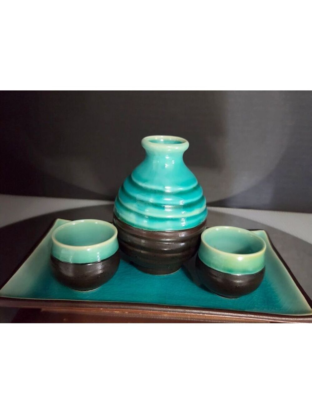 Vintage Ceramic Sake Set with Turquoise Glaze and Brown Base - Includes Bottle,